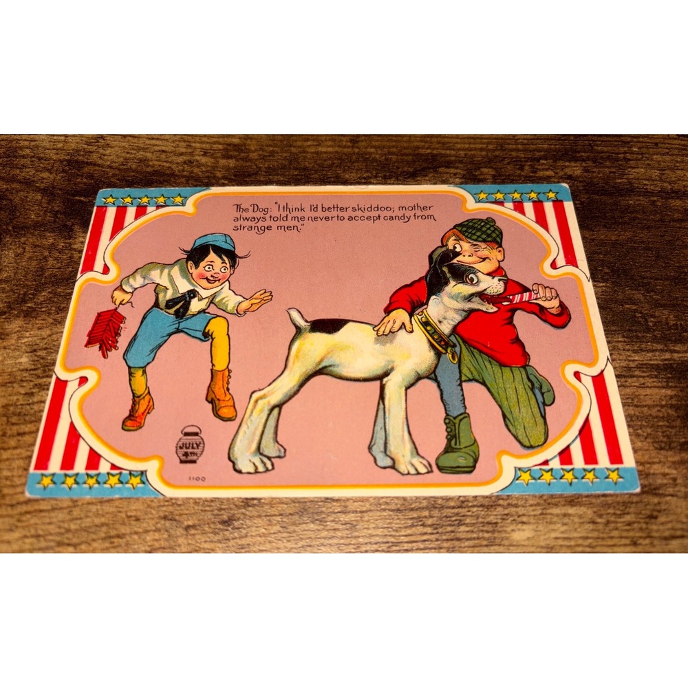 Vintage 4th of July Comic Postcard - "Strange Men" Dog Humor